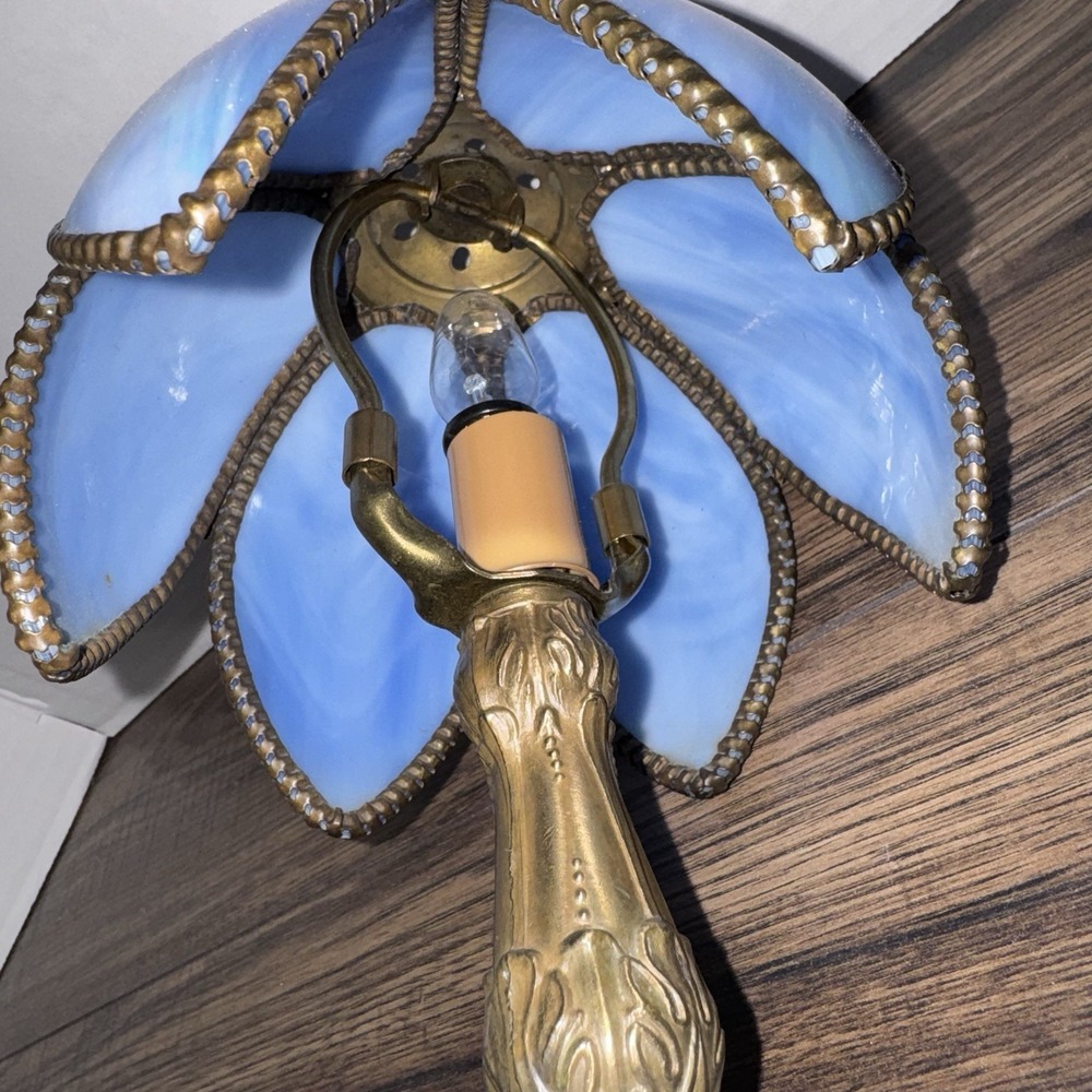Vintage Meyda Tiffany Lighting 11.5" H Petal Bud Mini Lamp Blue Opal Brass - Picture 7 of 12